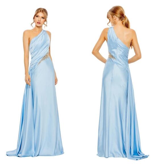 Mac Duggal 2210 One Shoulder Long Formal Dress Powder Blue Size 4 NWT - Picture 1 of 12